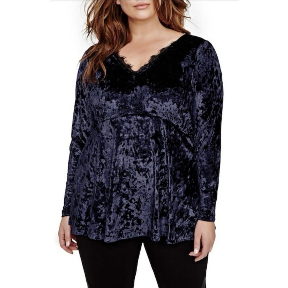 Michel Studio Blue Crushed Velvet Lace Babydoll Top Sz 2X Boho Witchy Flowy Goth